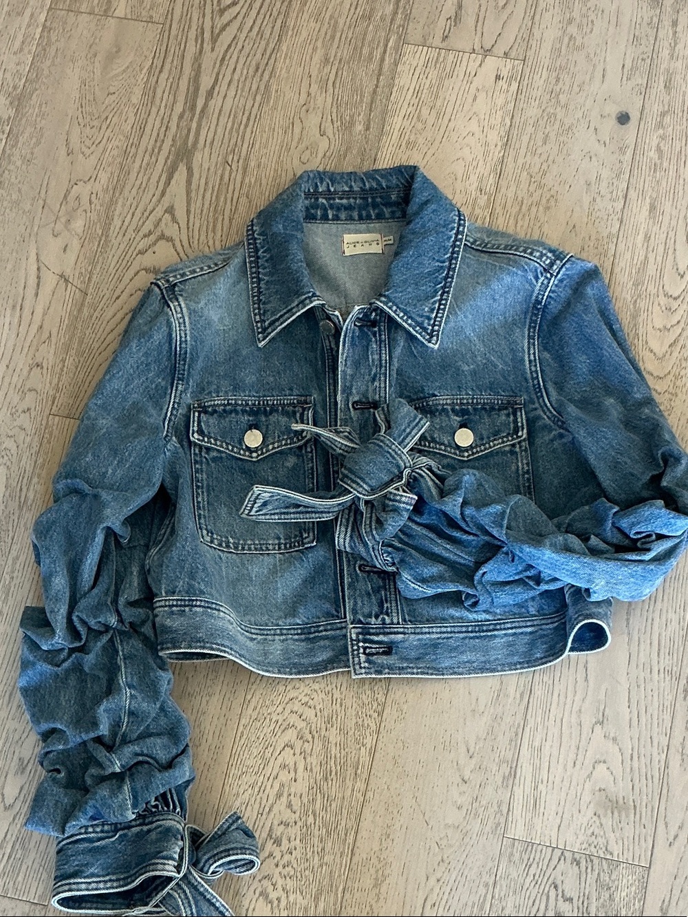 Alice + Olivia Cropped Blue Tie-Front Denim Jacket